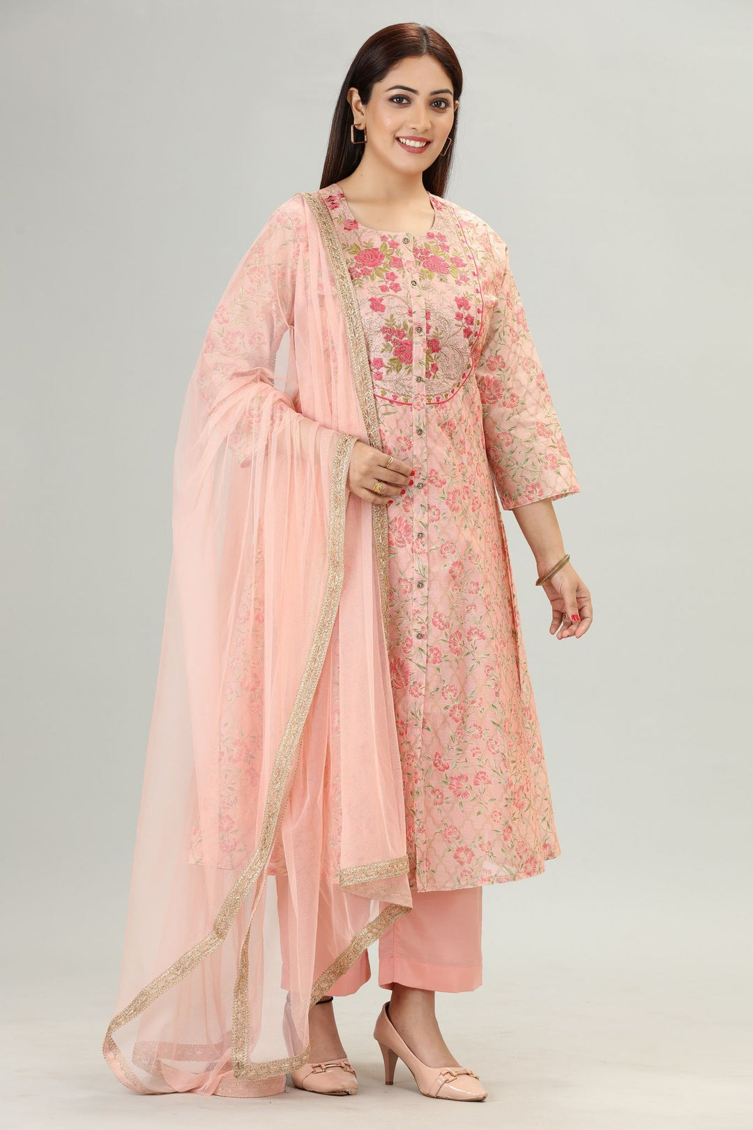 Peach Chanderi A Line Embroidered Kurta Pant Suit Set