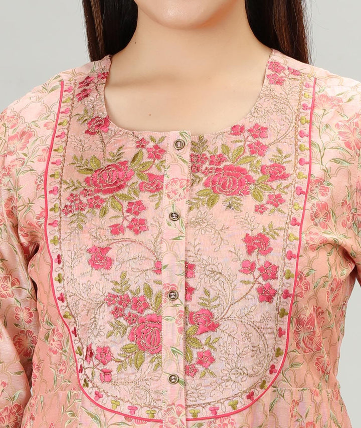 Peach Chanderi A Line Embroidered Kurta Pant Suit Set