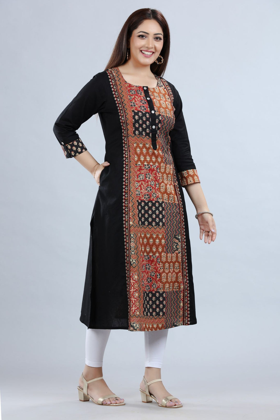 Black Cotton A Line Printed Kurta