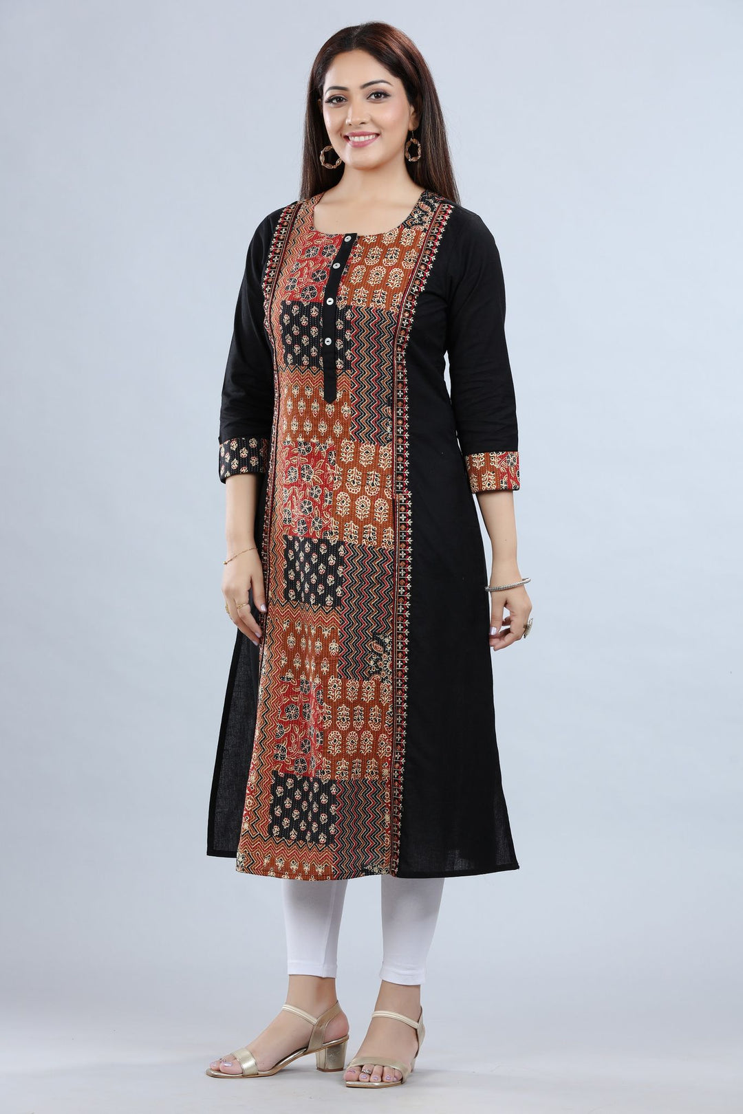 Black Cotton A Line Printed Kurta