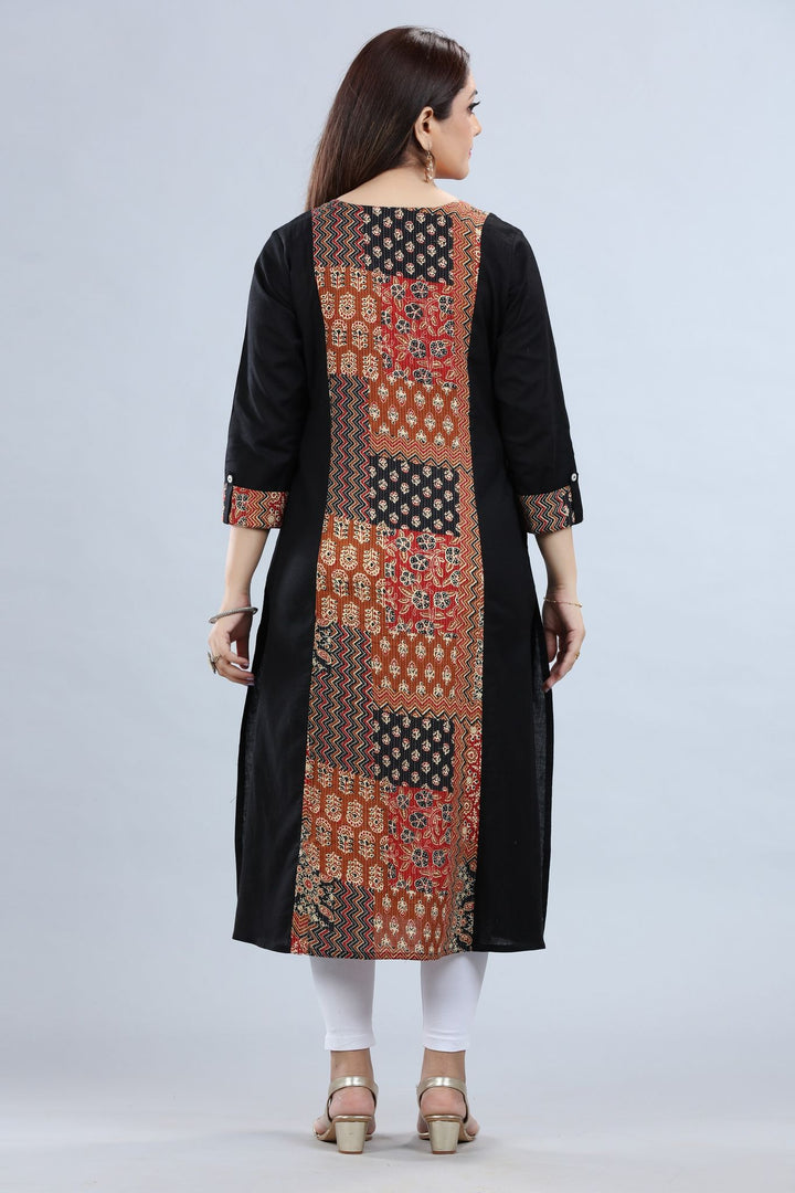 Black Cotton A Line Printed Kurta