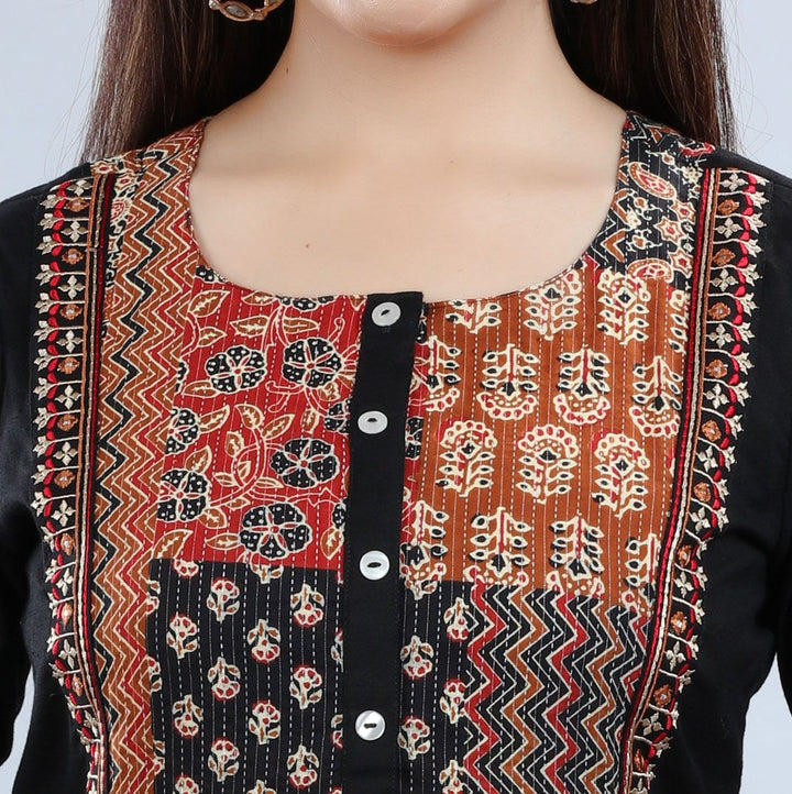 Black Cotton A Line Printed Kurta