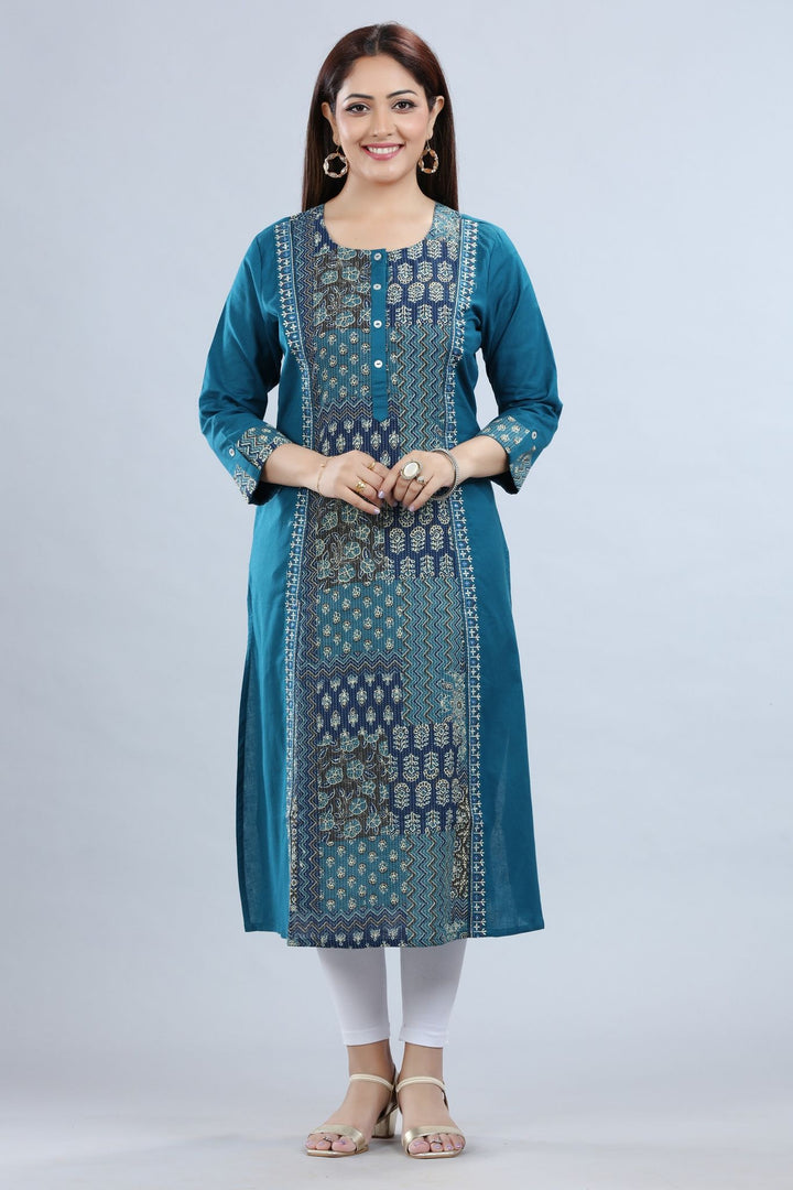 Navy Blue Cotton A Line printed Kurta