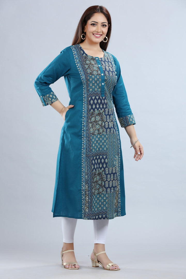 Navy Blue Cotton A Line printed Kurta