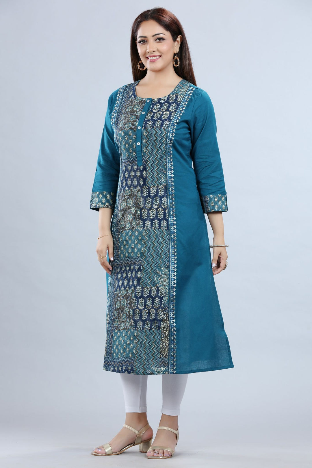 Navy Blue Cotton A Line printed Kurta