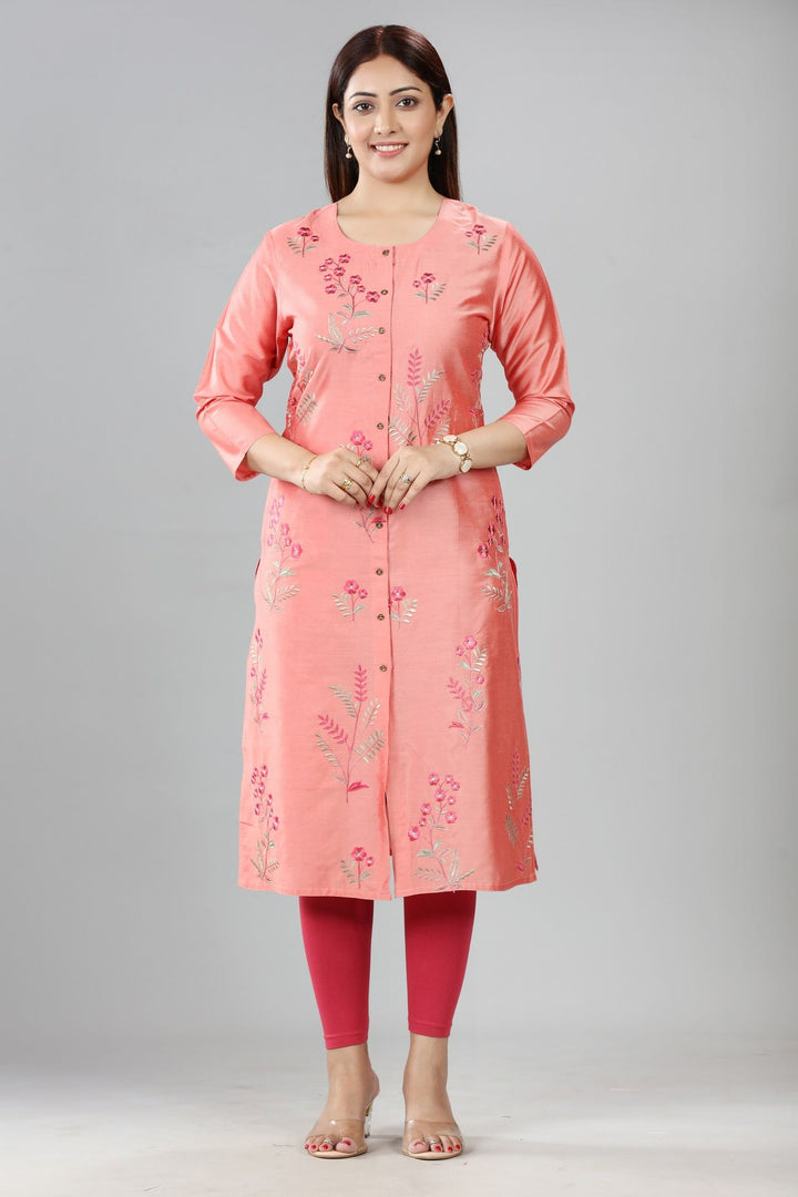 Light Pink Cotton Silk Straight Embroidered Kurta