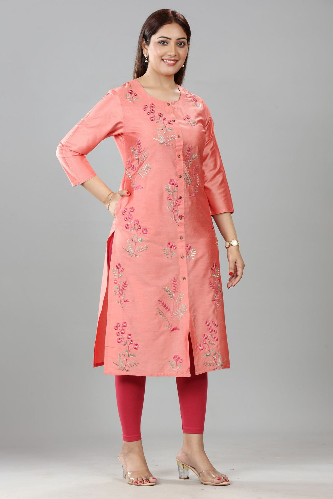 Light Pink Cotton Silk Straight Embroidered Kurta