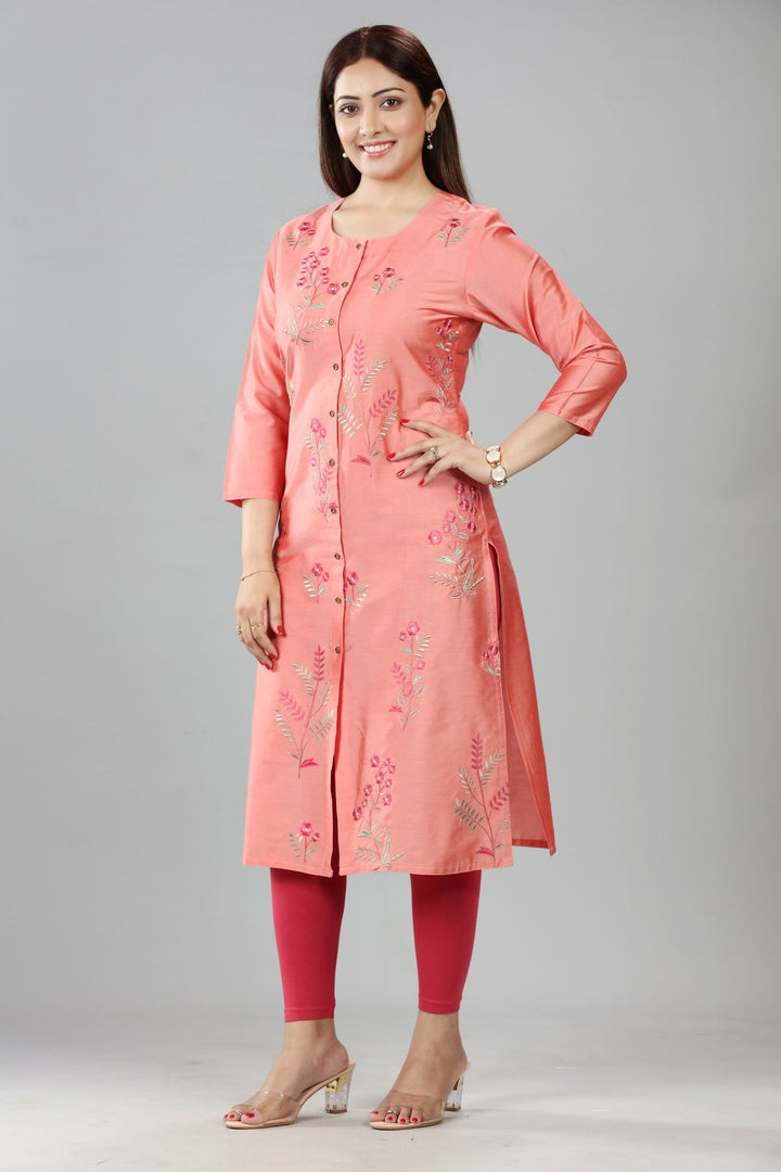 Light Pink Cotton Silk Straight Embroidered Kurta