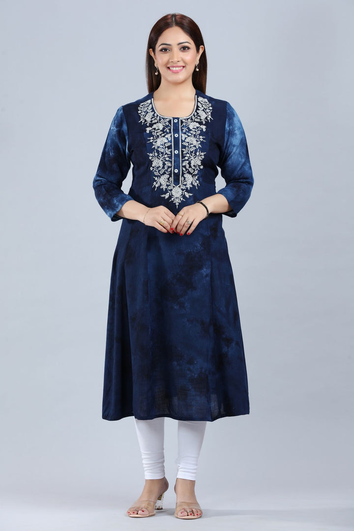 Navy Blue Rayon A Line Embroidered Kurta