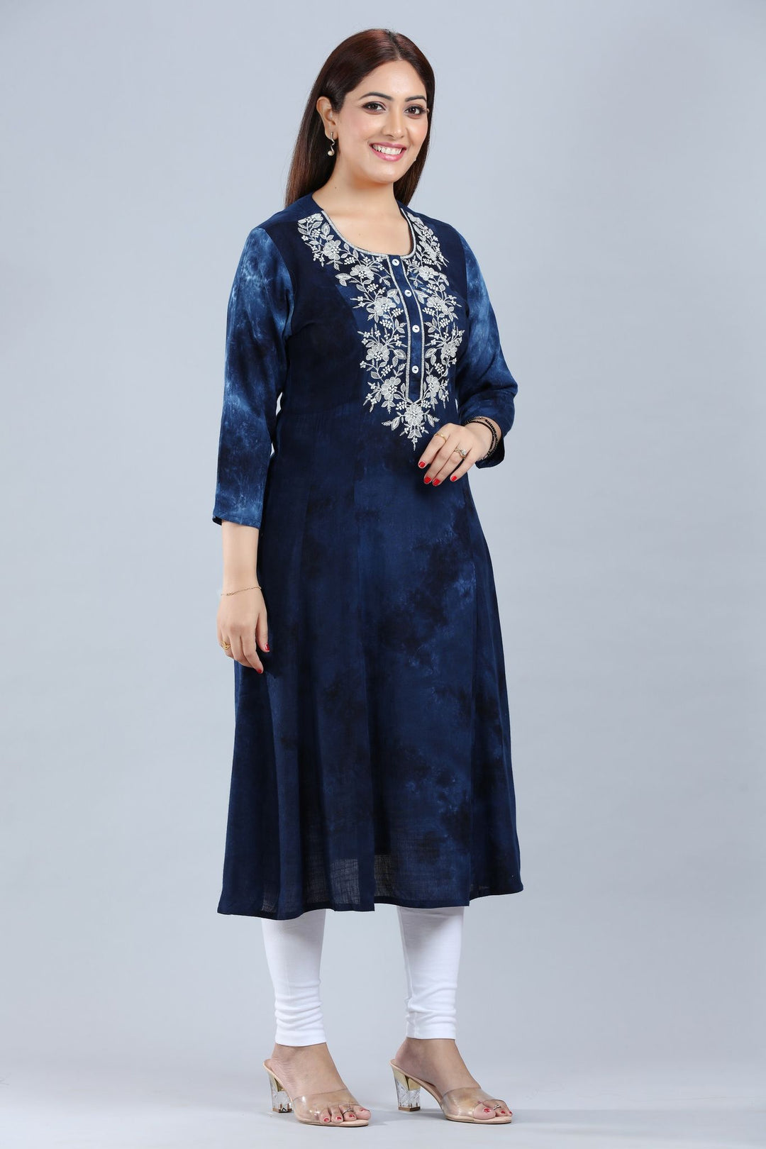 Navy Blue Rayon A Line Embroidered Kurta