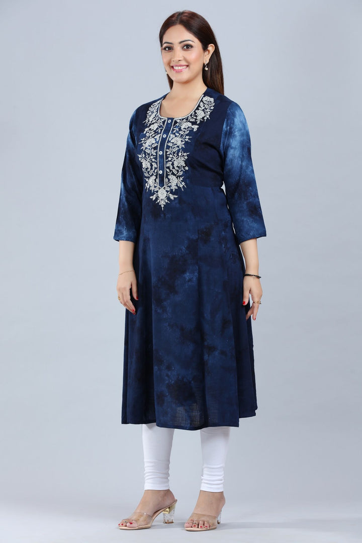 Navy Blue Rayon A Line Embroidered Kurta