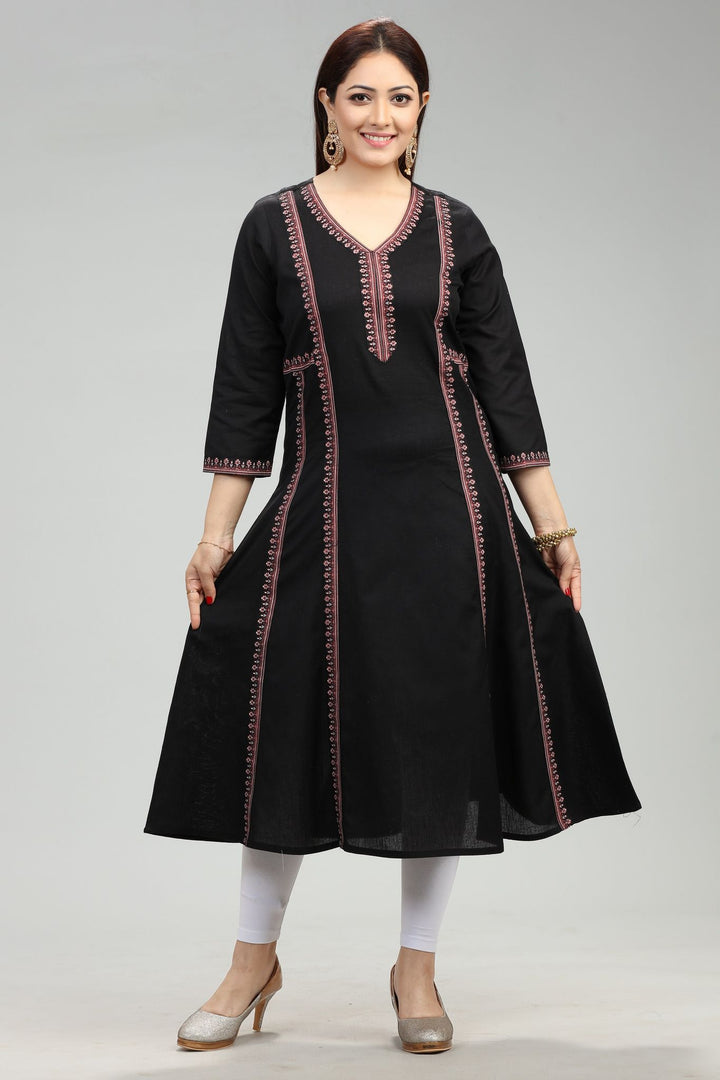 Black Cotton A Line Printed Kurta