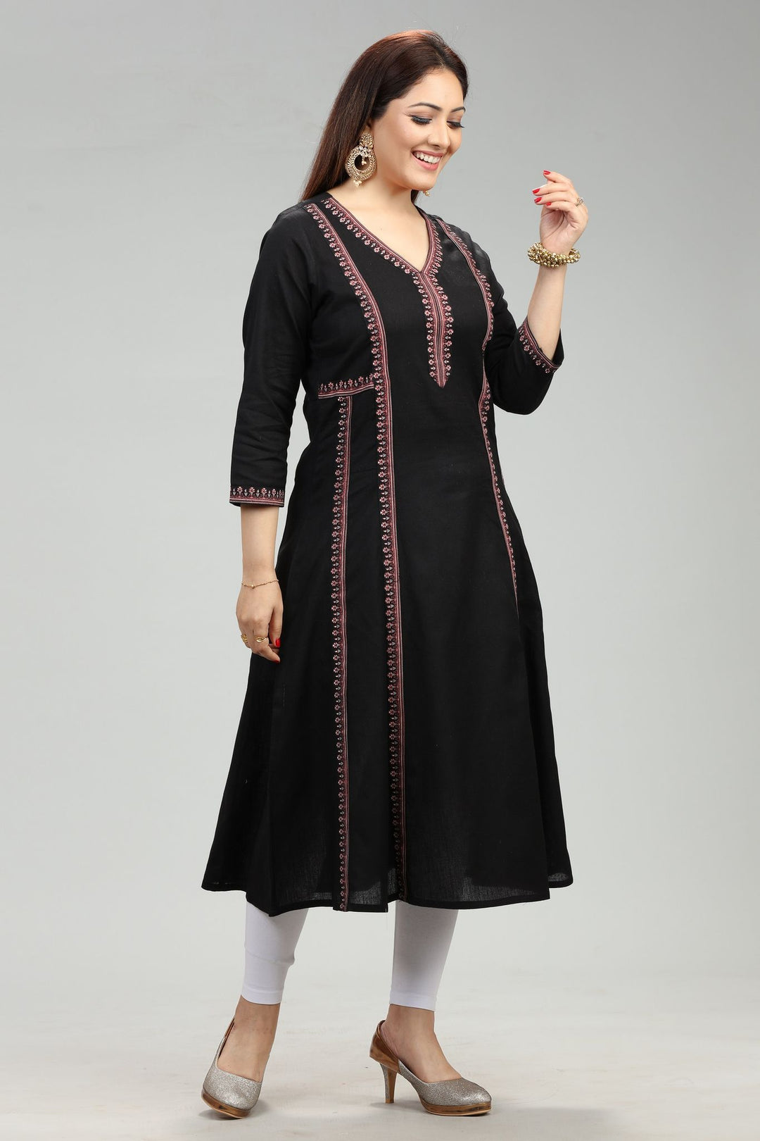 Black Cotton A Line Printed Kurta