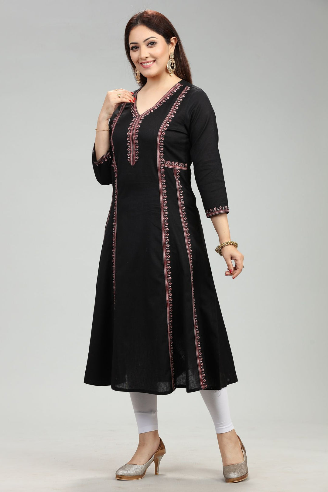 Black Cotton A Line Printed Kurta