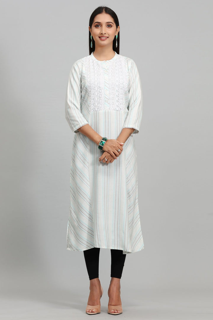 Off White Cotton A Line Embroidered Kurta