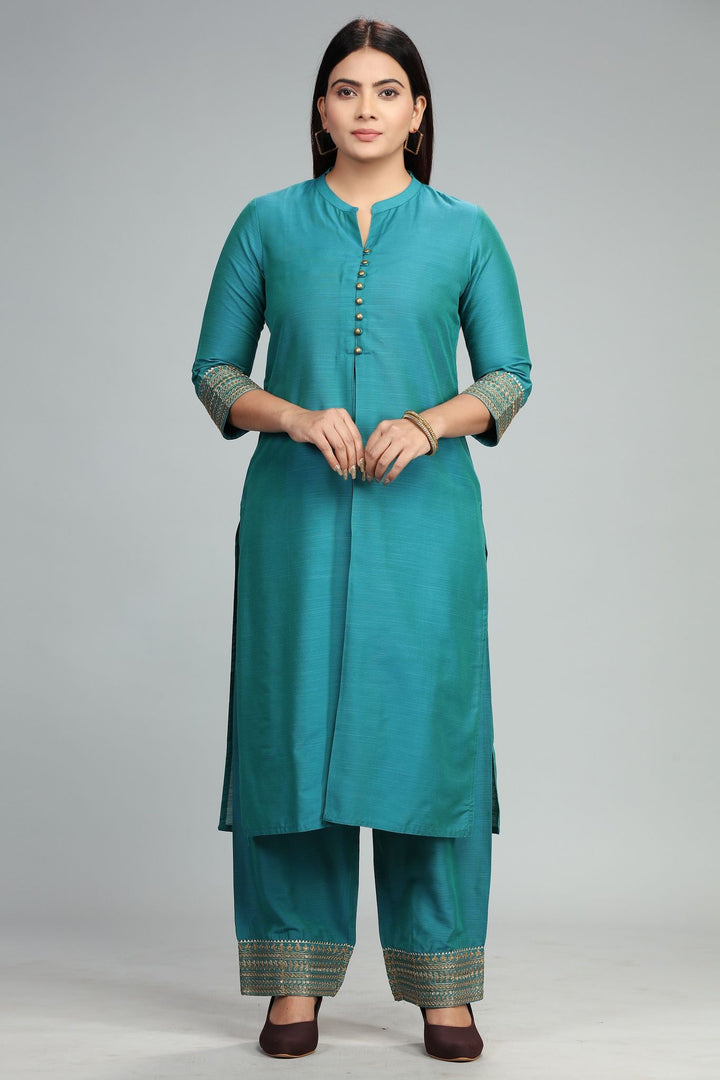 Turquoise Cotton Straight Silk Kurta With Pant Set