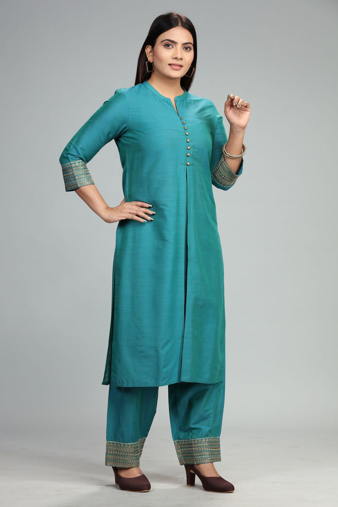 Turquoise Cotton Straight Silk Kurta With Pant Set