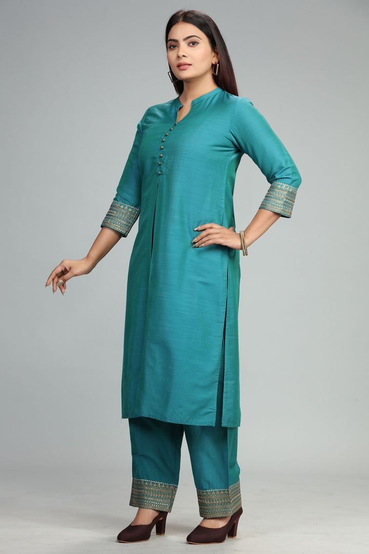 Turquoise Cotton Straight Silk Kurta With Pant Set