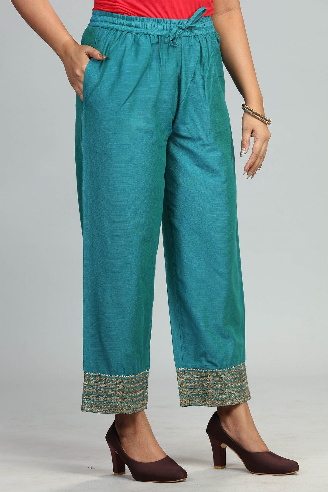 Turquoise Cotton Straight Silk Kurta With Pant Set