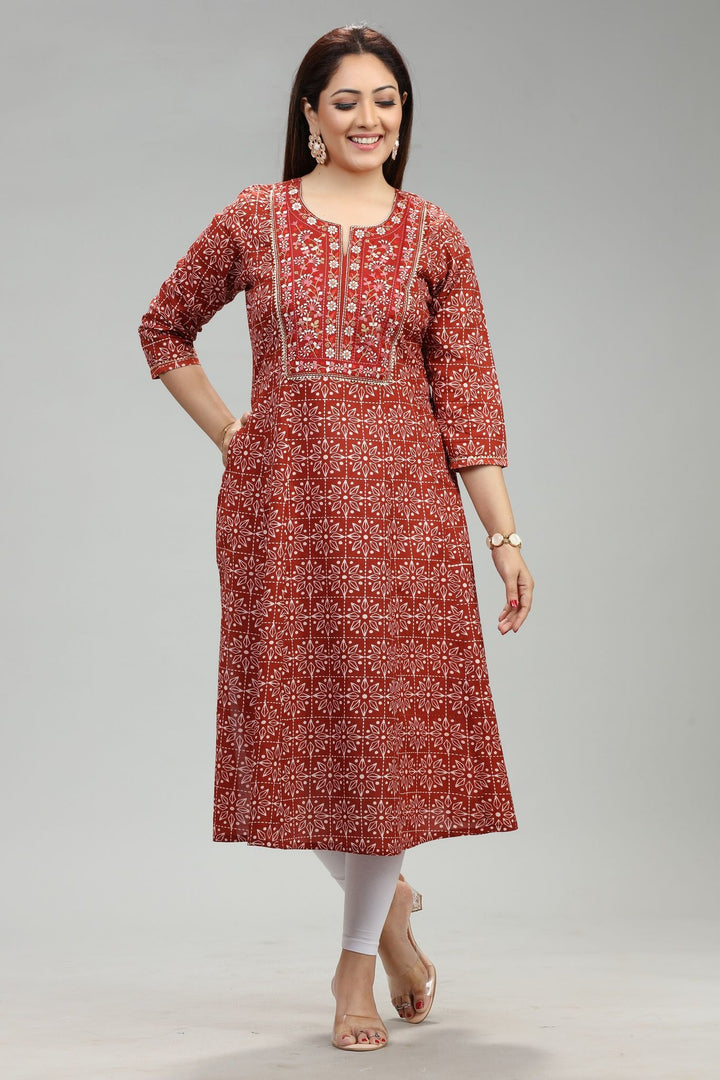 Rust Rayon A Line Embroidered Kurta