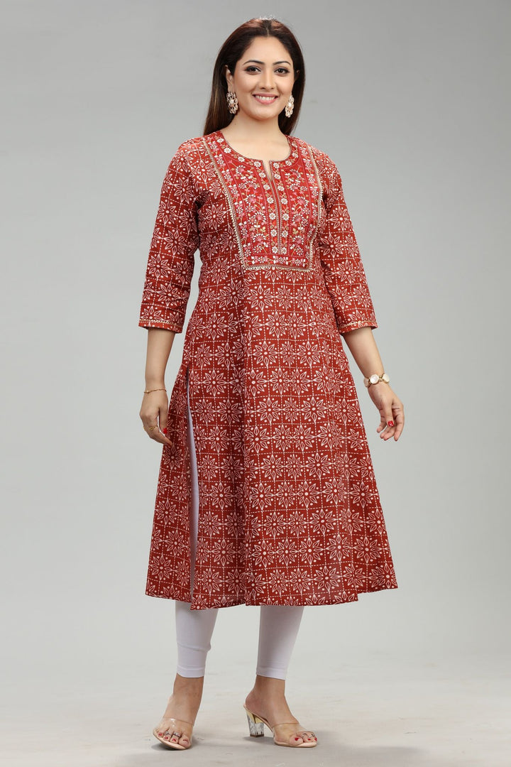 Rust Rayon A Line Embroidered Kurta