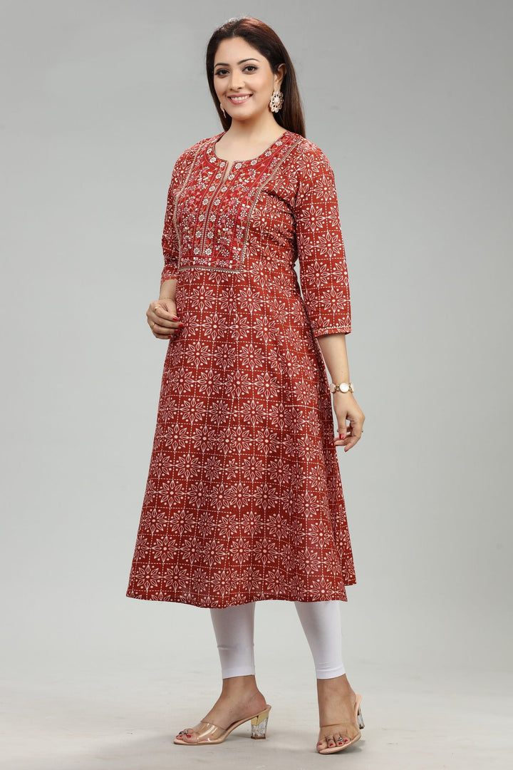 Rust Rayon A Line Embroidered Kurta