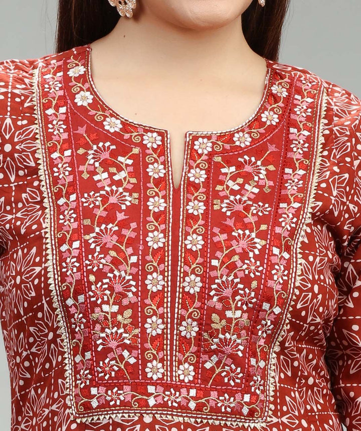 Rust Rayon A Line Embroidered Kurta