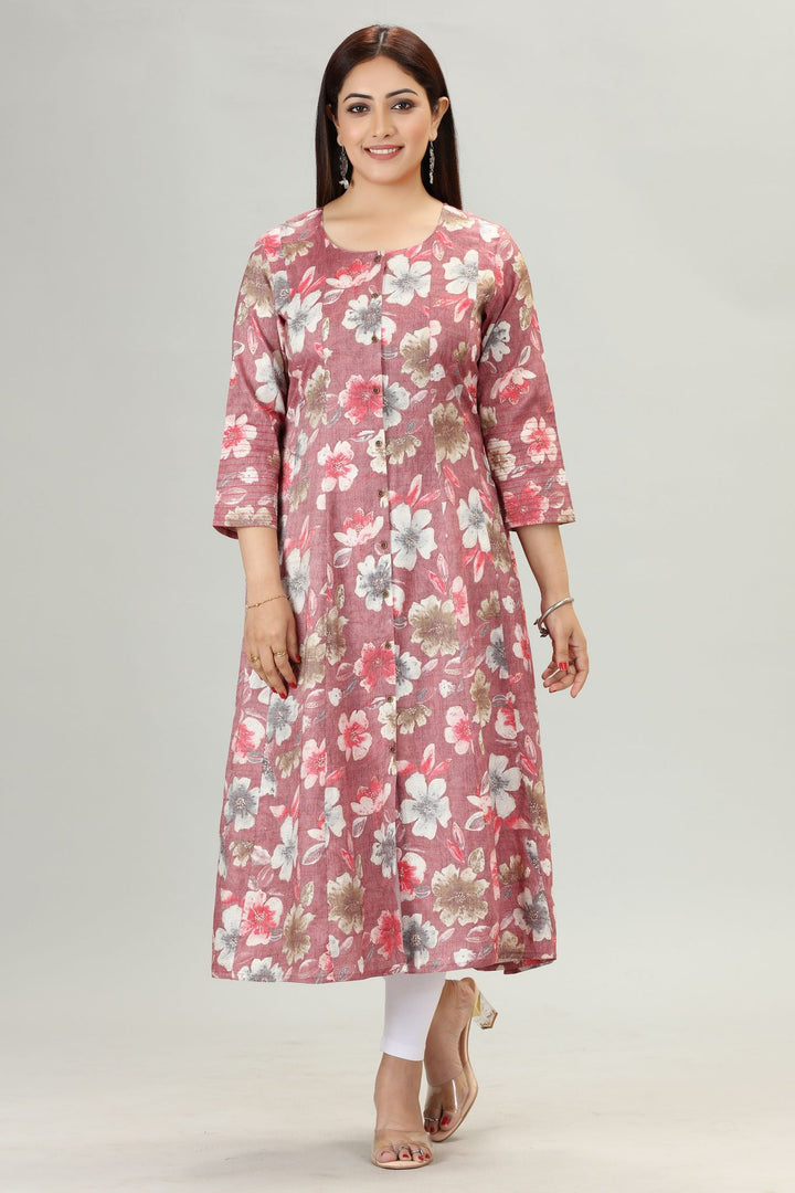 Peach Rayon A Line Printed Kurta