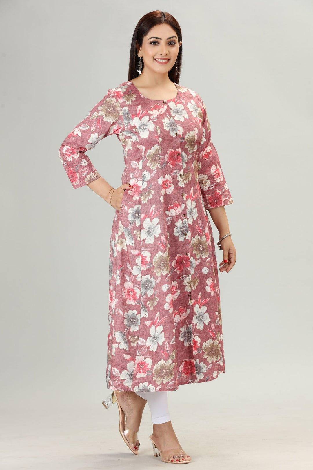 Peach Rayon A Line Printed Kurta