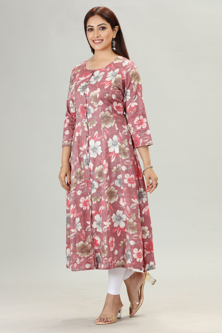 Peach Rayon A Line Printed Kurta