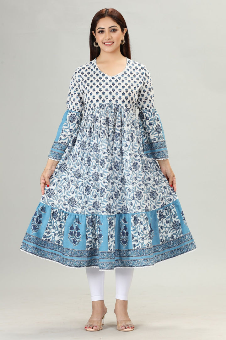 White Cotton Flared Printed Dresses