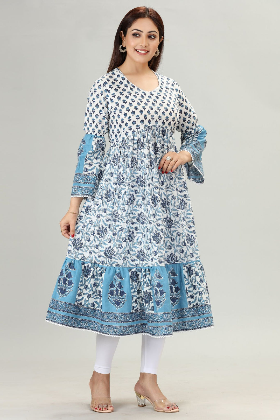 White Cotton Flared Printed Dresses