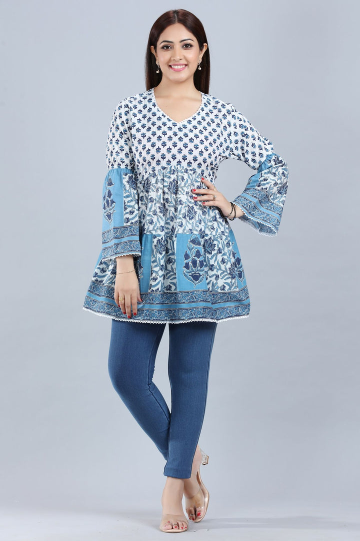 Off White Cotton Gathered Printed Short Kurti