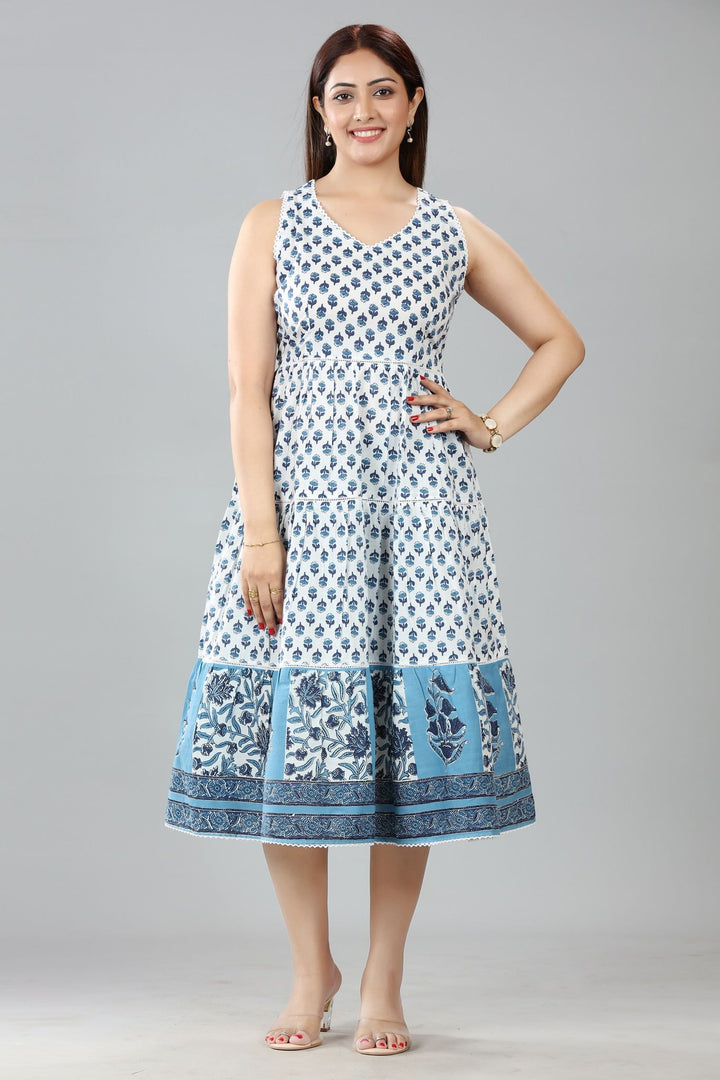 White Cotton Flared Printed Sleeveless Kurta