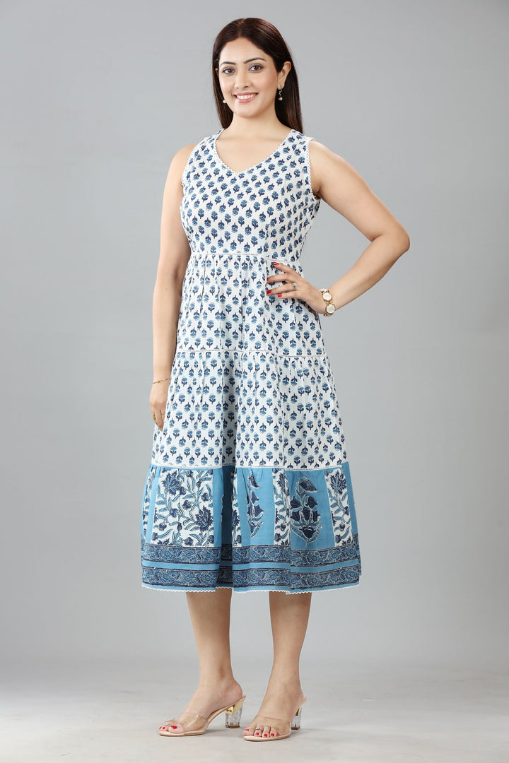 White Cotton Flared Printed Sleeveless Kurta