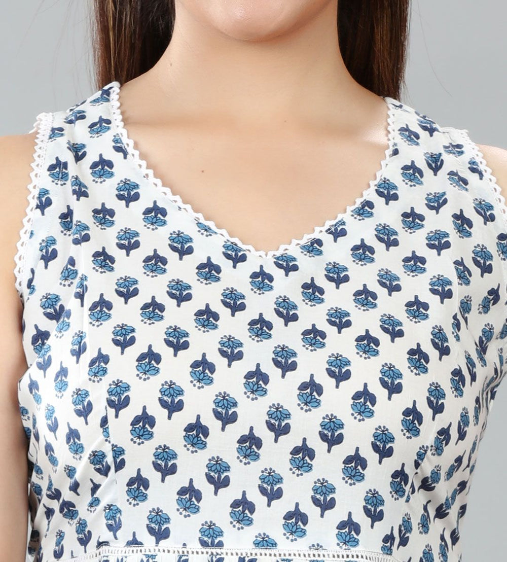 White Cotton Flared Printed Sleeveless Kurta