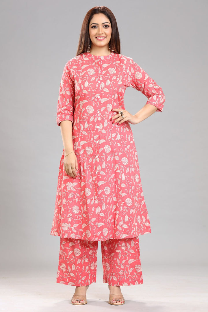 Peach Jaipuri Cotton A Line Printed Kurta Pant Co ord Set