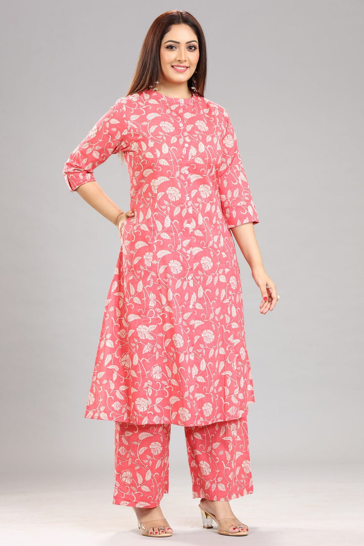 Peach Jaipuri Cotton A Line Printed Kurta Pant Co ord Set