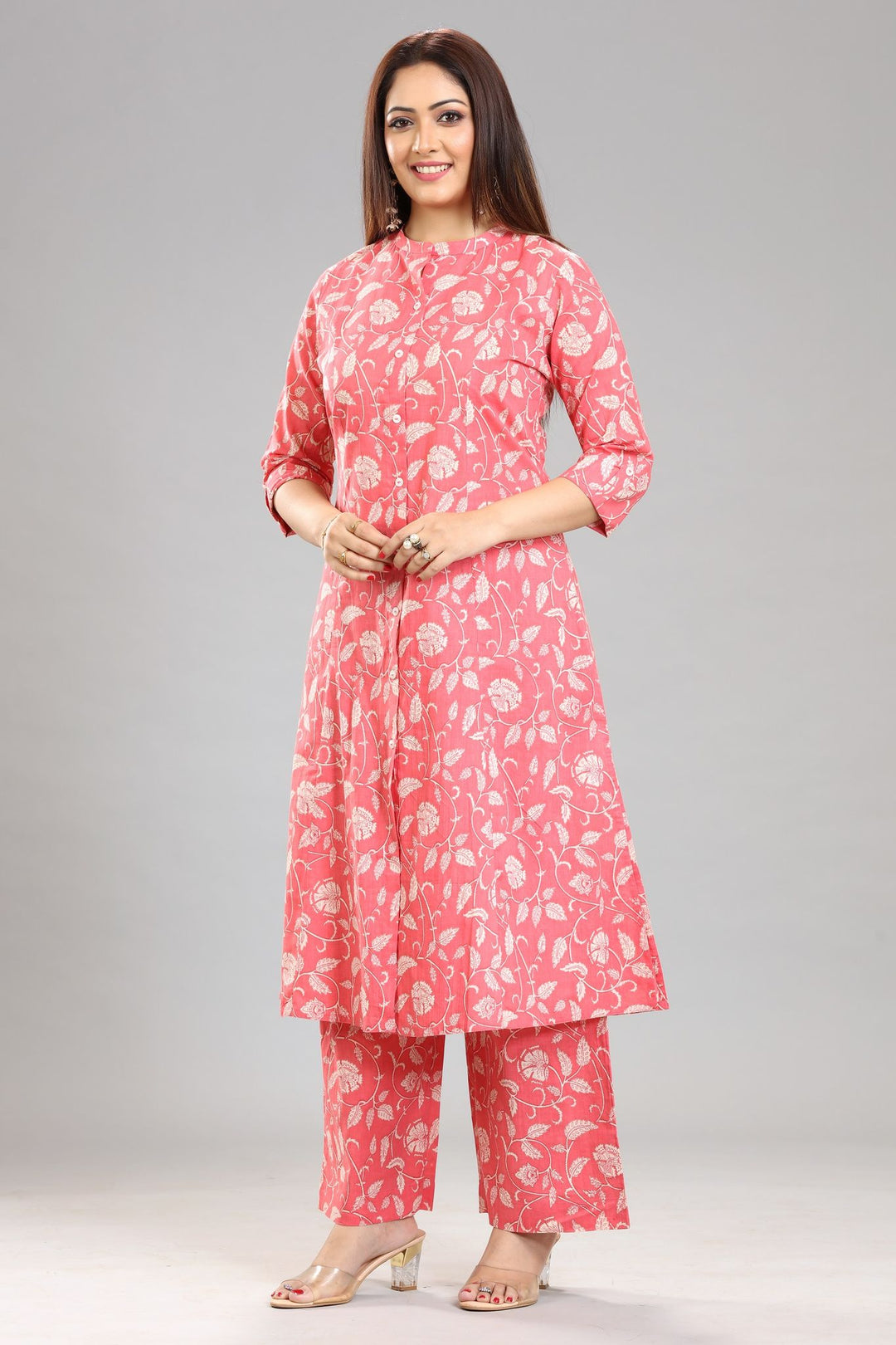 Peach Jaipuri Cotton A Line Printed Kurta Pant Co ord Set