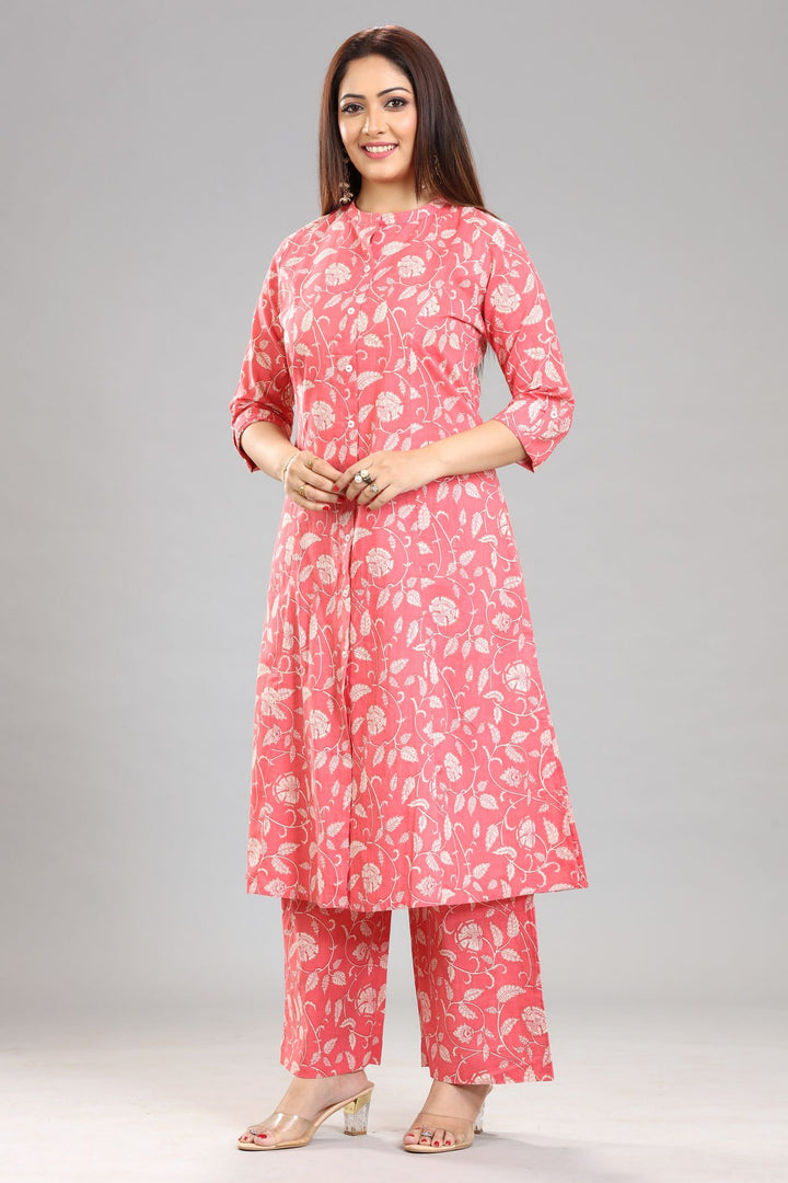 Peach Jaipuri Cotton A Line Printed Kurta Pant Co ord Set