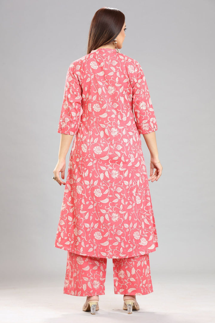 Peach Jaipuri Cotton A Line Printed Kurta Pant Co ord Set