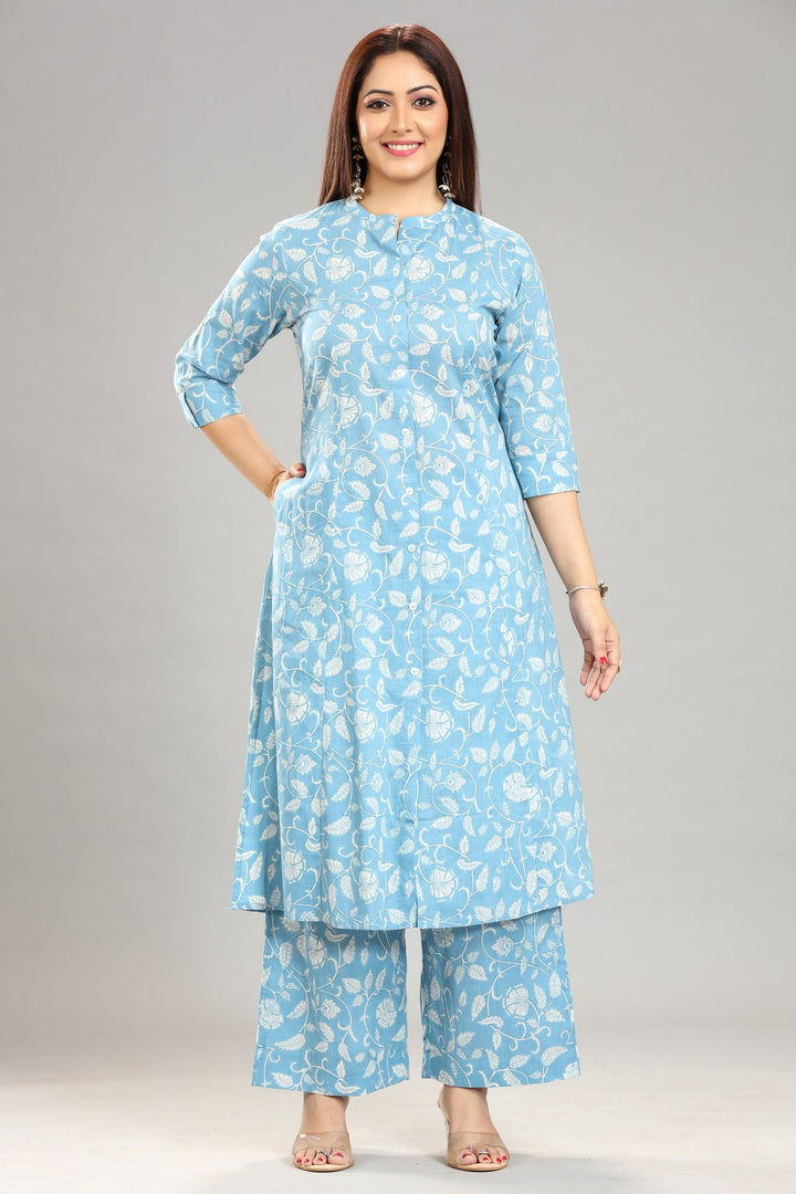 Sky Blue Jaipuri Cotton A Line Printed Kurta Pant Co ord Set