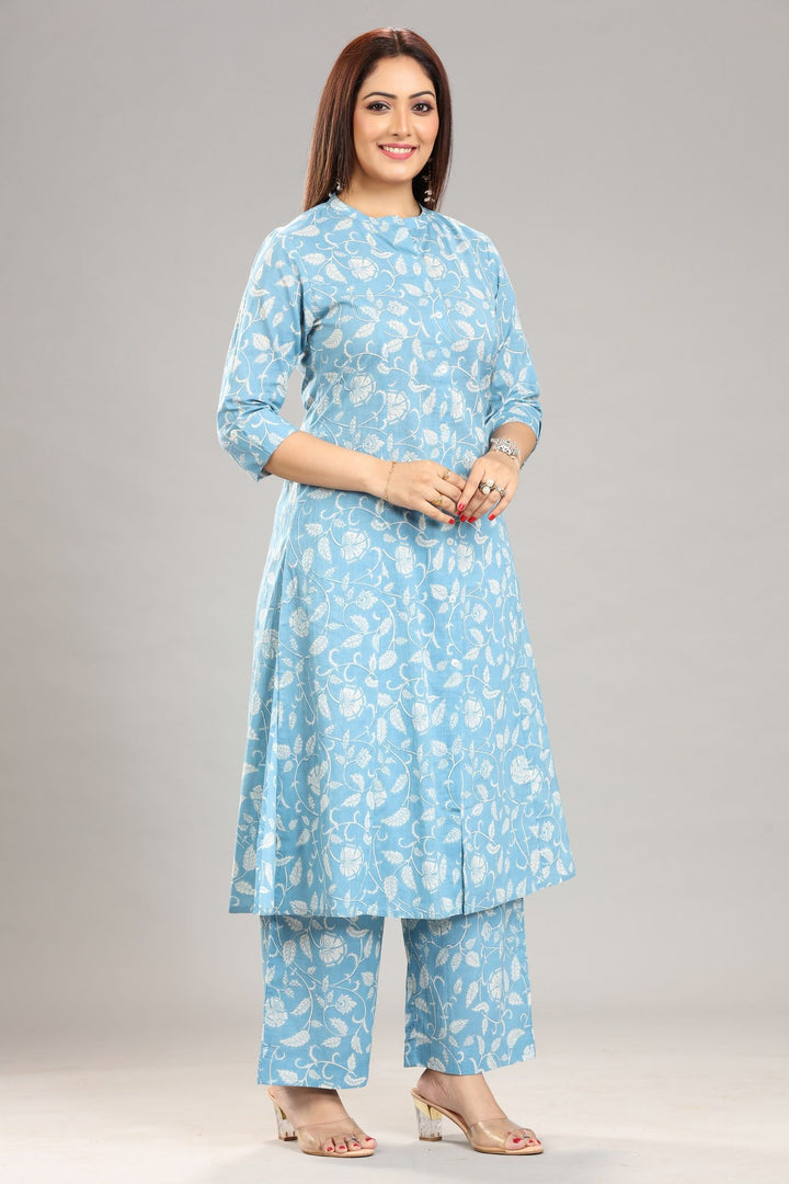 Sky Blue Jaipuri Cotton A Line Printed Kurta Pant Co ord Set