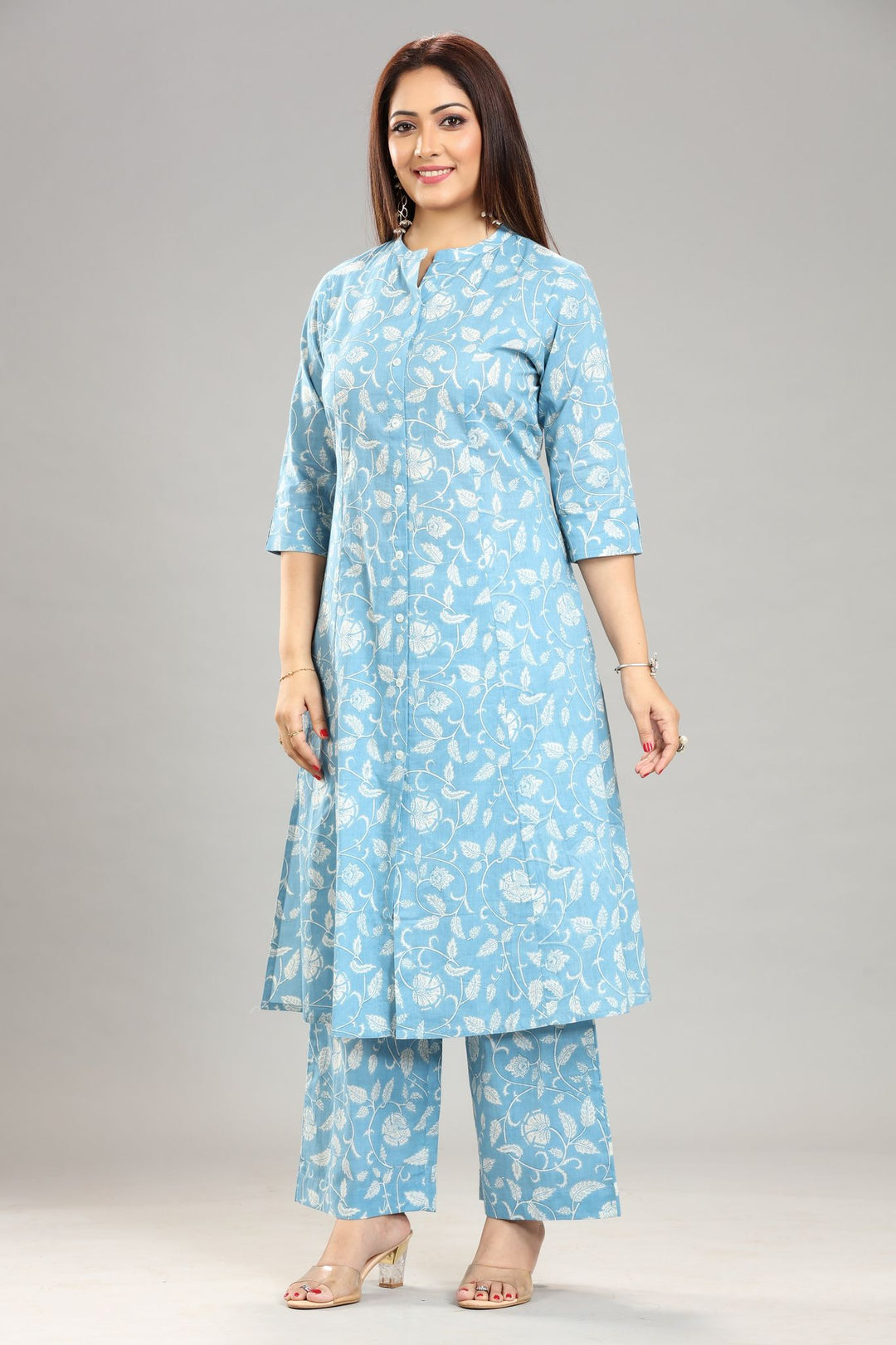 Sky Blue Jaipuri Cotton A Line Printed Kurta Pant Co ord Set