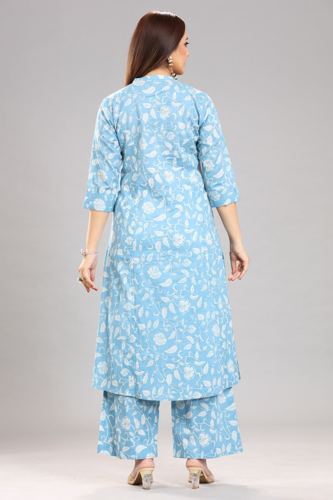 Sky Blue Jaipuri Cotton A Line Printed Kurta Pant Co ord Set