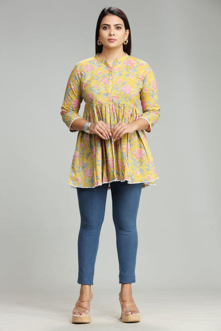 Mustard Cotton Gathered Printed Short Kurta For Women