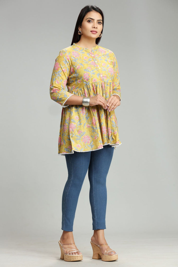 Mustard Cotton Gathered Printed Short Kurta For Women