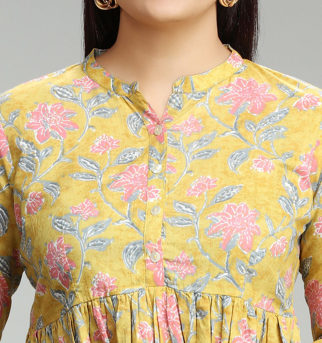 Mustard Cotton Gathered Printed Short Kurta