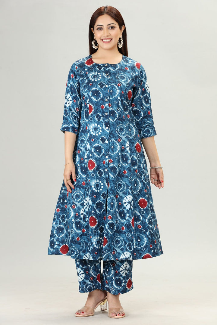 Navy Blue Rayon A Line Printed Kurta Pant Co ord Set