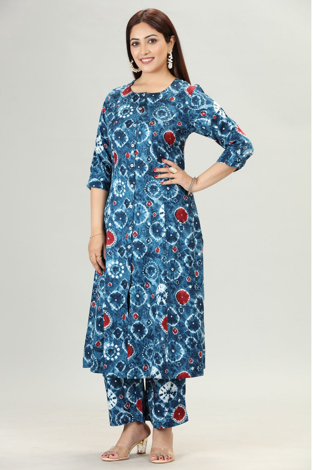 Navy Blue Rayon A Line Printed Kurta Pant Co ord Set